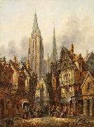Pieter Cornelis Dommersen A gothic cathedral in a medieval city oil painting reproduction